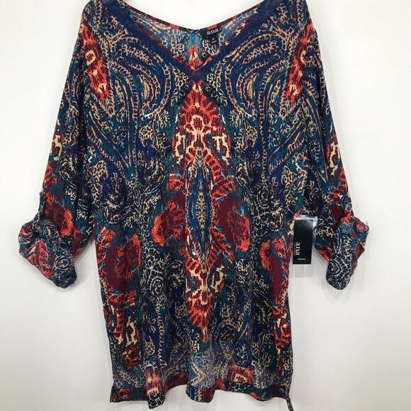 ANA Jewel tone Paisley Print Lightweight Flowy V Neck Roll Sleeve Blouse NEW - Picture 1 of 16
